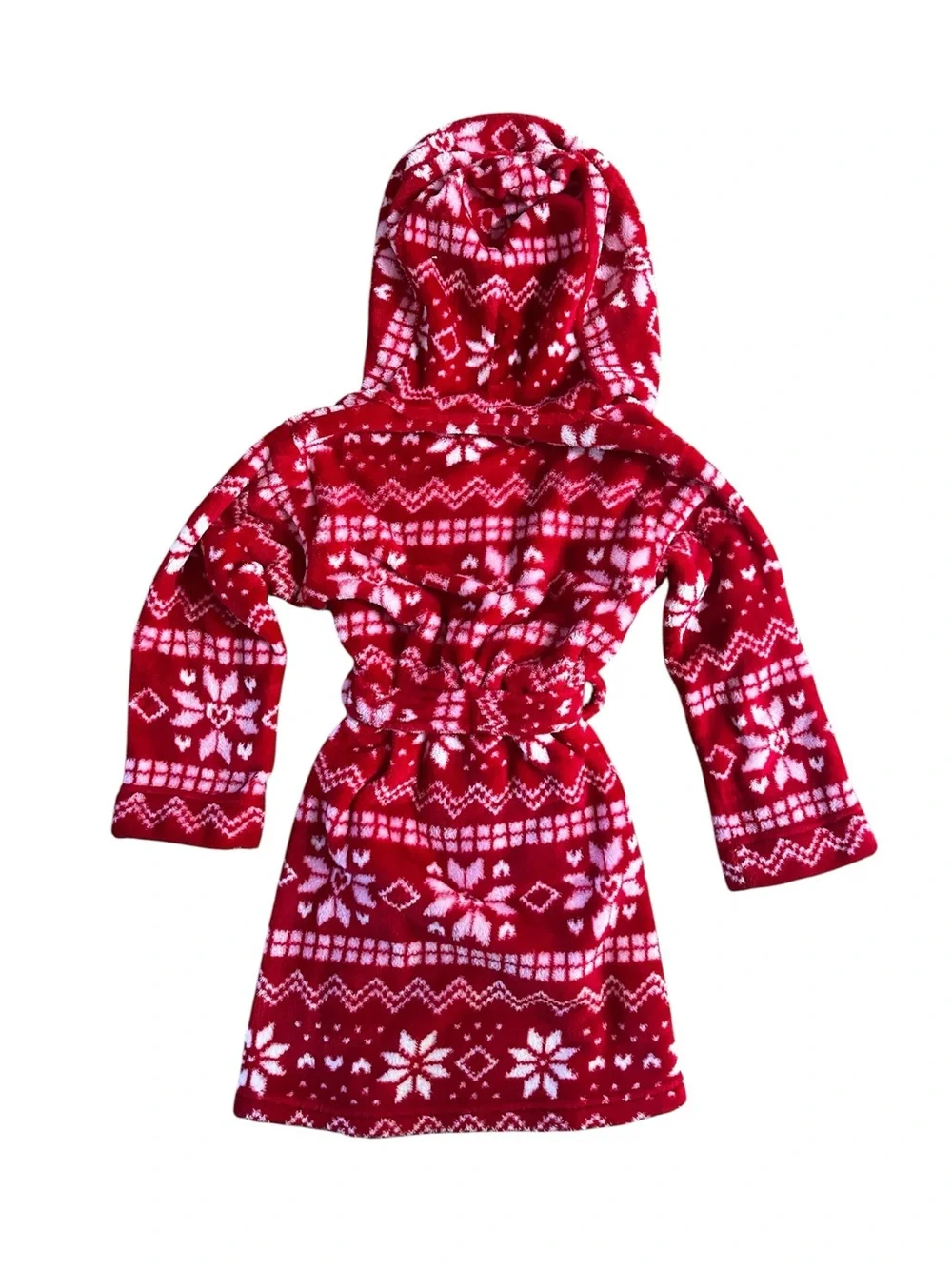 Cuddl Duds Red and White Hooded Kids Fleece Robe with Snowflake Print